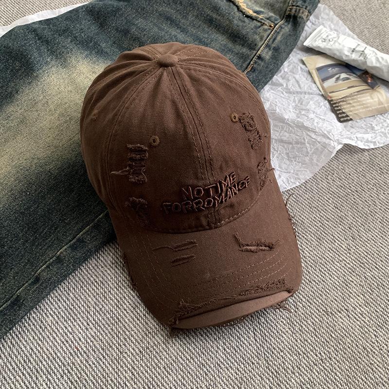 Ripped Beige Letter Baseball Cap, Wide Brim, Big Face, Small Female Cap, Big Head Circumference Hat.