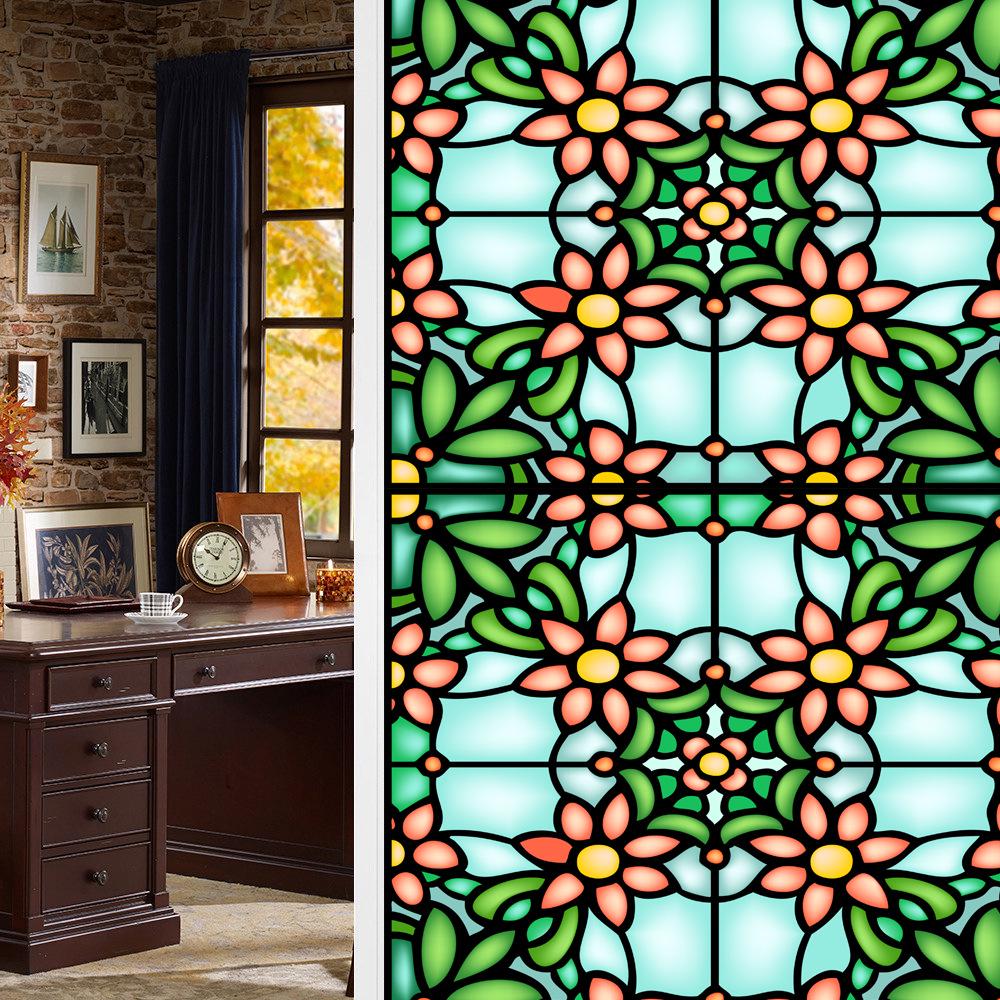 

Барвиста Ретро Квіткова та Пташина Статична Віконна Плівка - Без Клею, Знімна 45x100cm Frosted