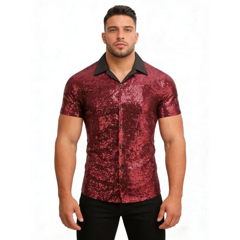 Men S Sequin Short Sleeve Shirt Disco Party Style