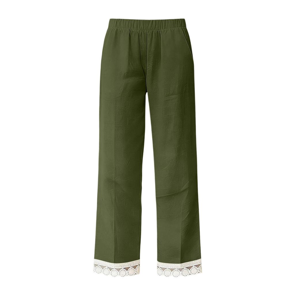Women's Fashion Color Elastic Waist Pocket Lace Splicing Casual Straight Pants