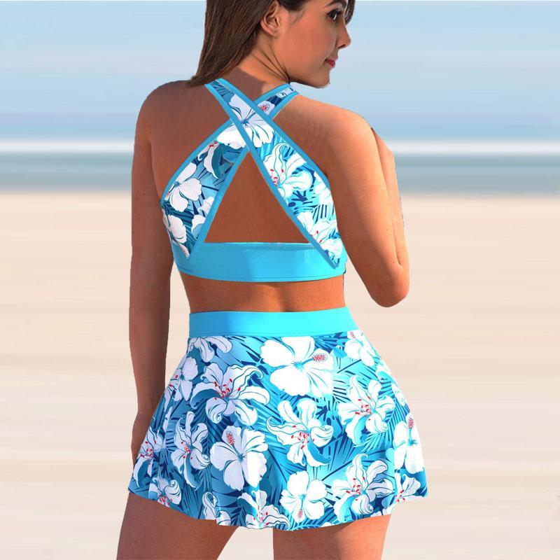 Women's Swimwear Tankini 2 Piece Swimsuit Blue Stamen Flower Print Vacation Bathing Suits