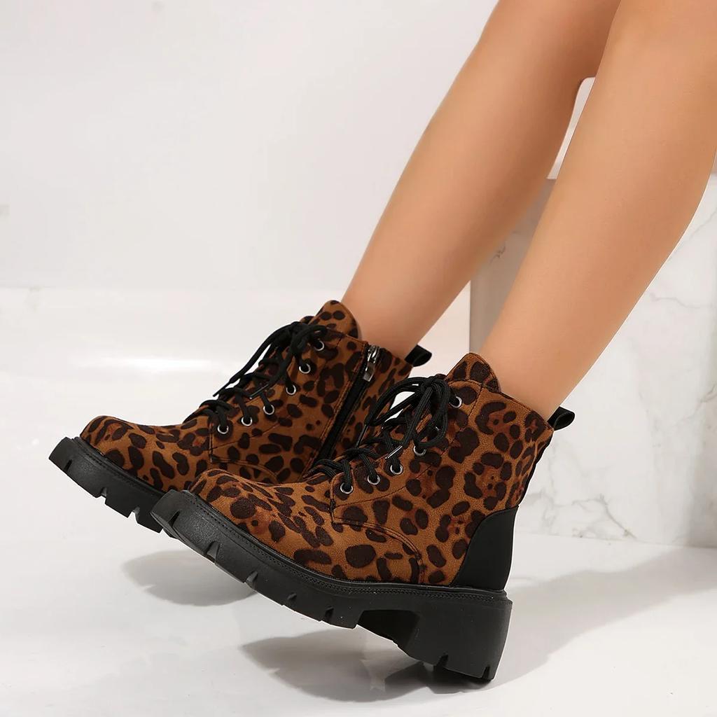Fashion Sexy Leopard Ankle Boots for Women Autumn Winter 2024 Low Square Heels Plus Size 43 Short Booties Shoes Woman Motorcycle Boots