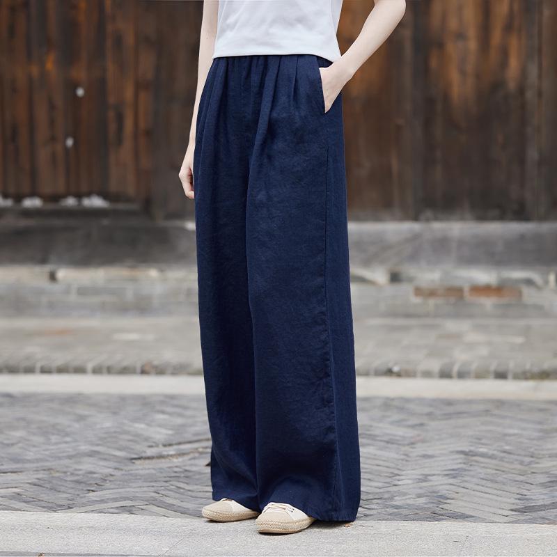 

Spring Women s Cotton Linen Artistic Loose Wide Leg Pants One Size тёмно-синий