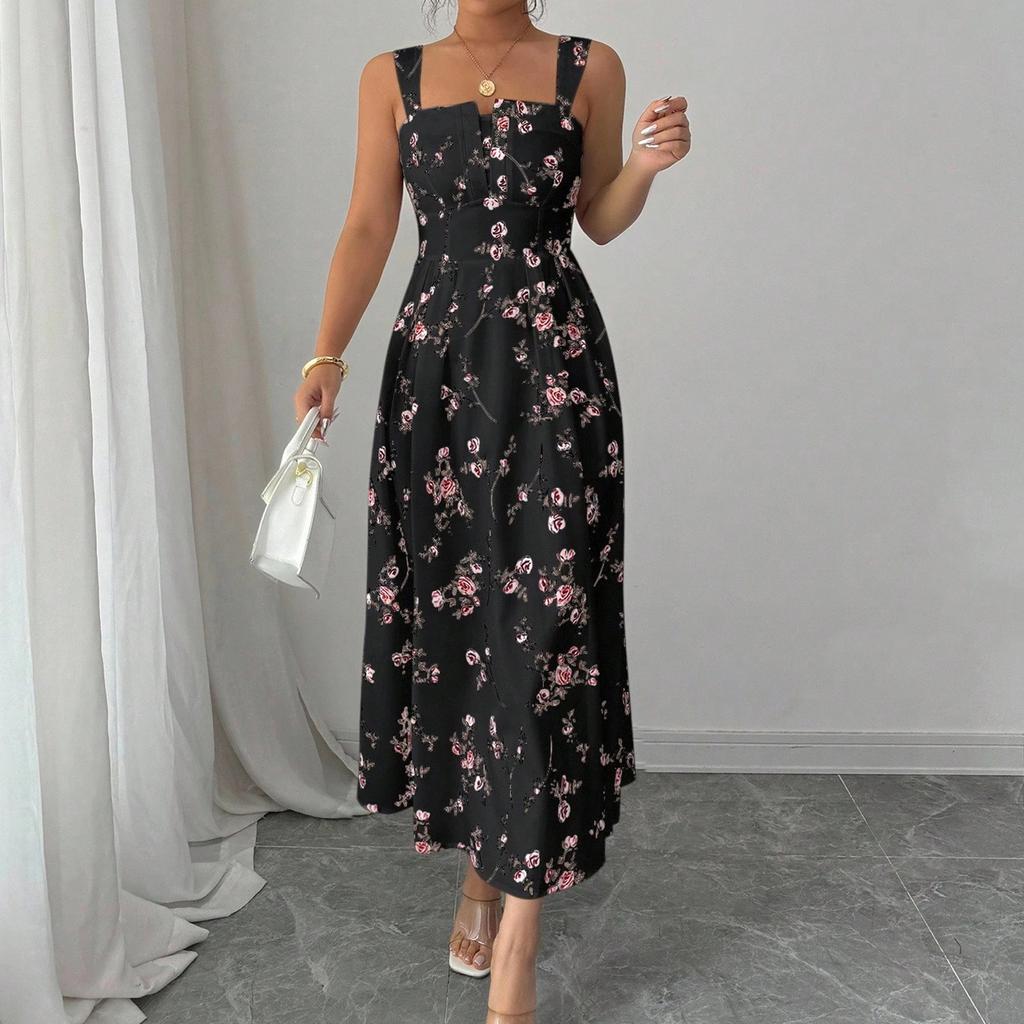 Women Sleeveless Square Neck Floral Print Maxi Dress Casual Loose Fit Long Sundress Lightweight Summer Wear