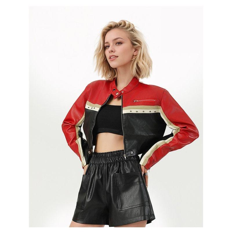 

2025 Internet Celebrity Contrast Color Patchwork PU Leather Waist-Exposed Cool Handsome Women Gyaru Motorcycle Leather Coat Shorts Set Suit Red XL (suitable for weight 65.00 kg-70.00 kg