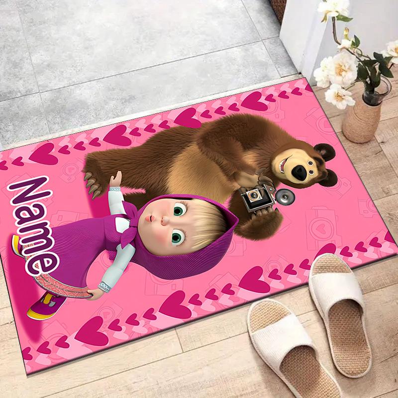 Custom Masha and the Bear Mat Personalized Name, Polyester Washable Indoor Entryway Rug, Gift for Christmas, Easter, Thanksgiving Day