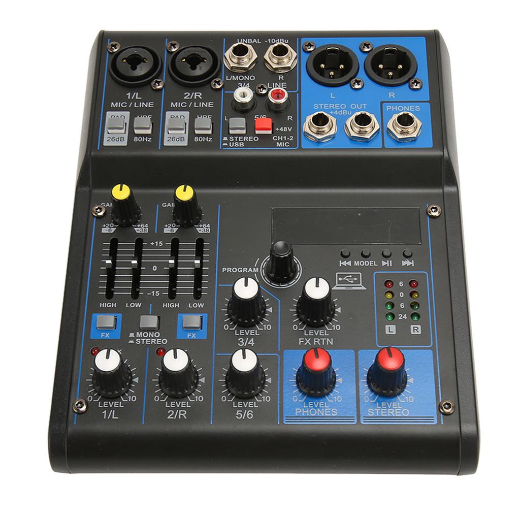 Compact Mixer 6 Channel 99 DSP Effects 2 Equalizer Portable Sound Board DJ Mixer with MP3 Bluetooth