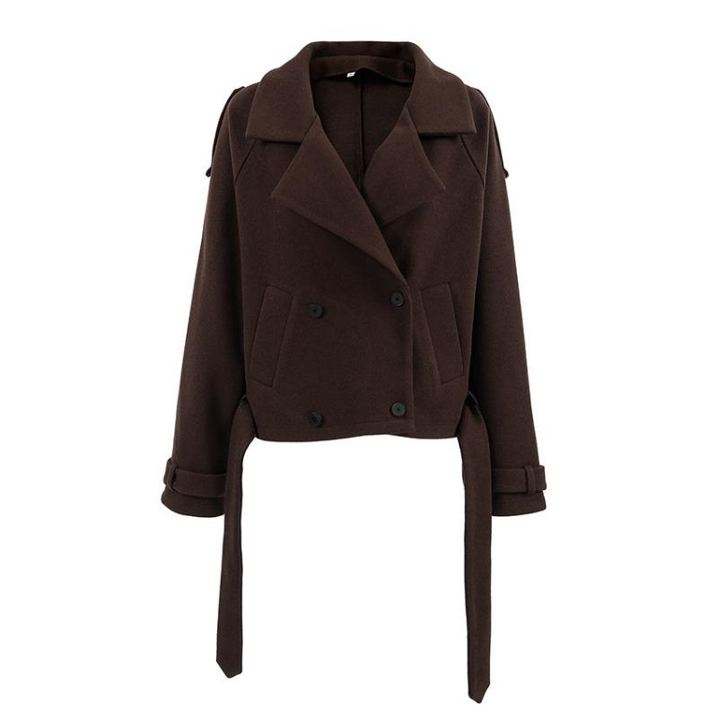 Women French Style Thick Loose Brown Double Breasted Woolen Commute Coat