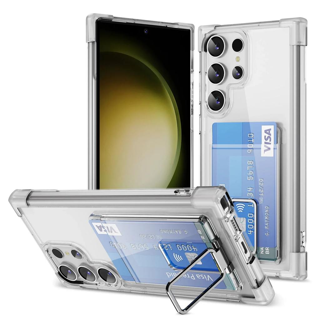 Metal Stand Holder Card Slot Case For Samsung Galaxy S24 S23 S22 S21 Note 20 Ultra S24 Plus Full Clear Airbag Anti-knock Cover