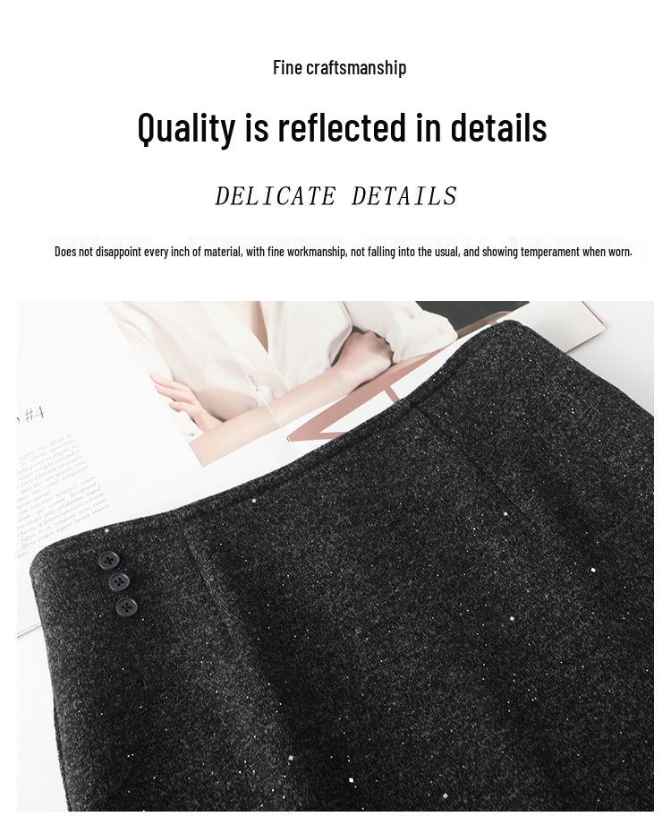 Minigonna Nera con Paillettes da Donna 2025 - Flanella di Lana Slimming High-End a Portafoglio Bodycon per Autunno/Inverno