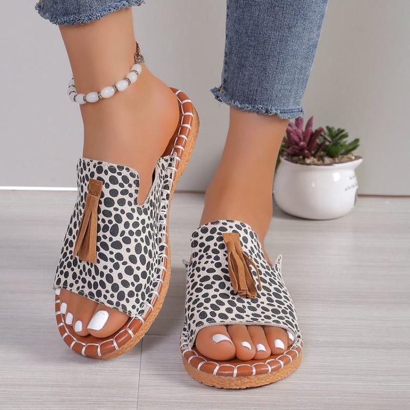 Women's Plus Size Peep Toe Tassel Flat Sandals, Casual Summer Slide Shoes