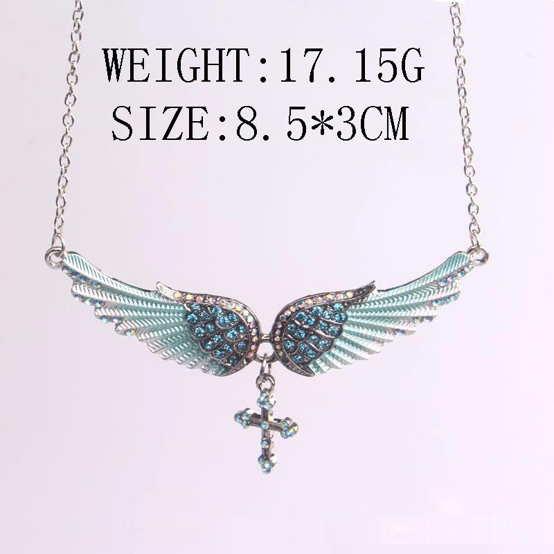 Fashion Blue White Pink Charm Crystal Angel Wings Cross Pendant Necklace Shellhard Vintage Jewelry For Women Bridal Wedding Gift