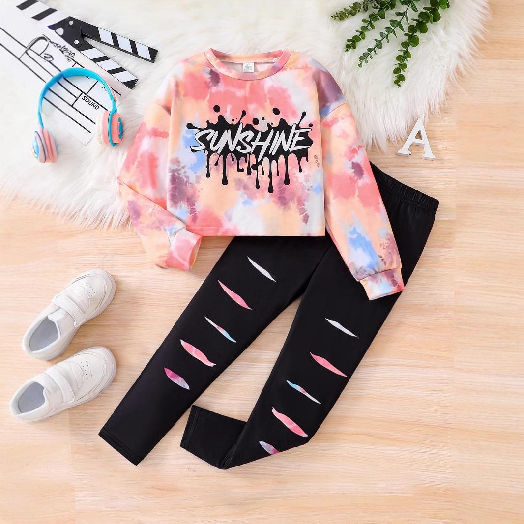 

Source Factory Spring Clothes for Big Girls Tie-Dye Gradient Long-Sleeved Sweatshirt + Ripped Clothes and Pants Suit 8Y рожевий