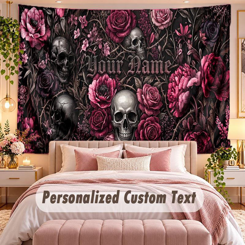 Craniu Gotic (360) Tapiserie de perete tematică personalizată cu text cu nume, Tapiserie suspendată personalizată pentru decorarea dormitorului, sufrageriei