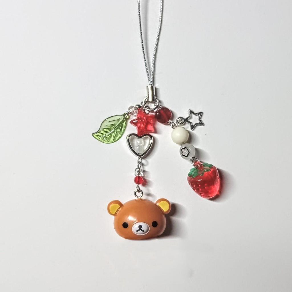 Cute Bell Bear Pendant Matching Phone Charms Keychains Y2K Handmade Rilakkuma Strawberry Beaded Accessories Jewelry Couple Gifts