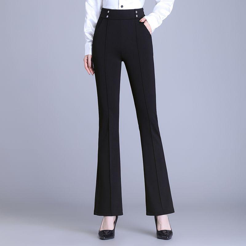 Damen Schwarz Hohe Taille Schlaghose Gerade Beine Elastisch Schlank Geschnitten Freizeit Hose