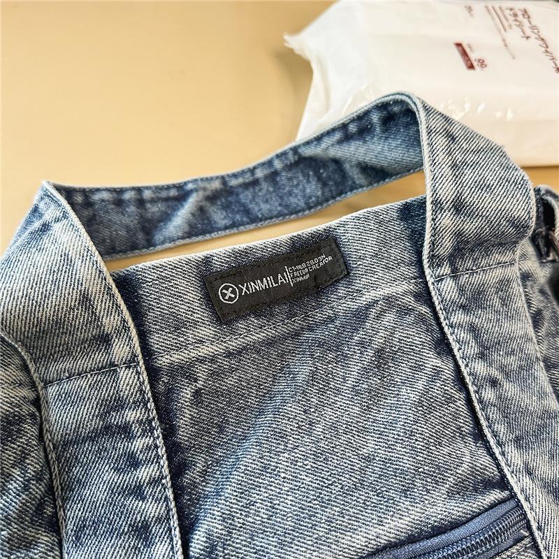 Large Capacity Denim Bag Retro Tote Bag Commuter Student Class Shoulder Crossbody Bag