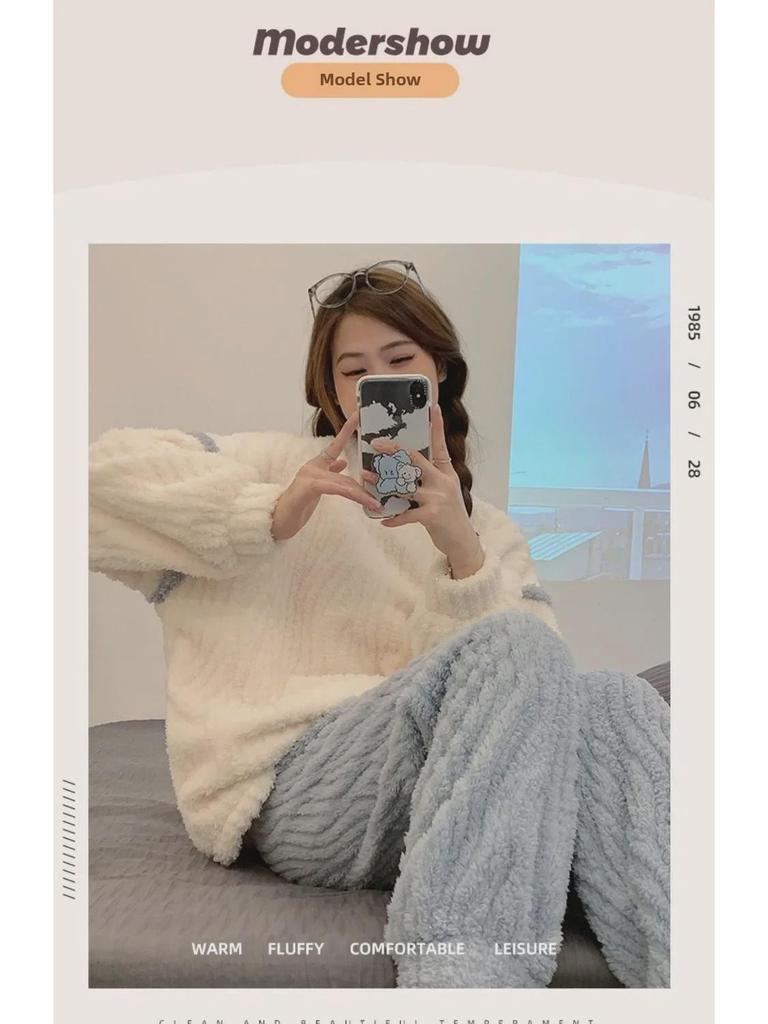 Women's Winter Velvet Thick Pajama Set - Long Sleeve, Cozy, Plus Velvet, Home Suit