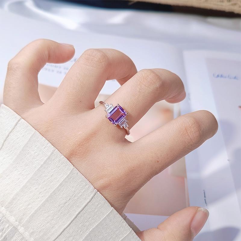 Sugar Cube Natural Topaz Citrine Amethyst Ring Women'S S925 Sterling Silver Colored Treasure Jewelry Index Finger Ring