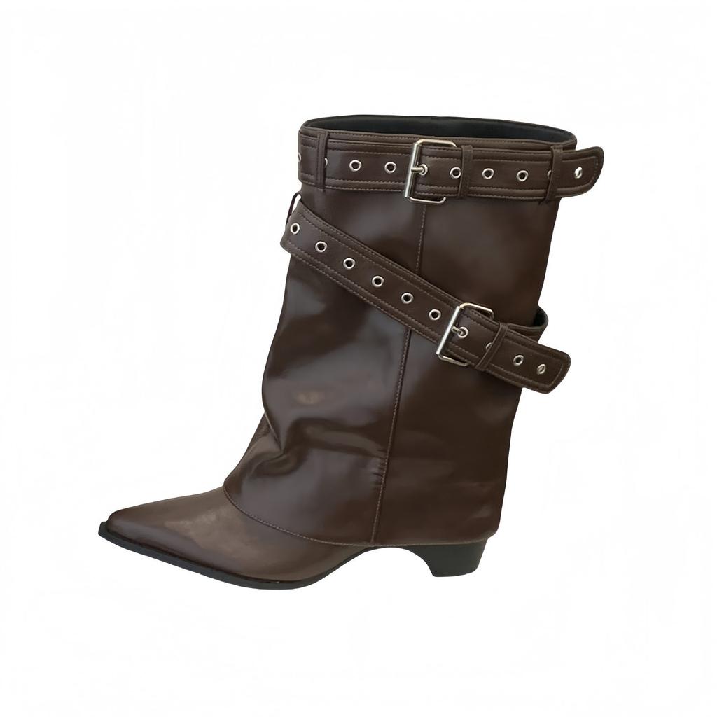 2025 autumn and winter new boots women's medium boots pointed belt buckle western trouser boots fried street tide boots