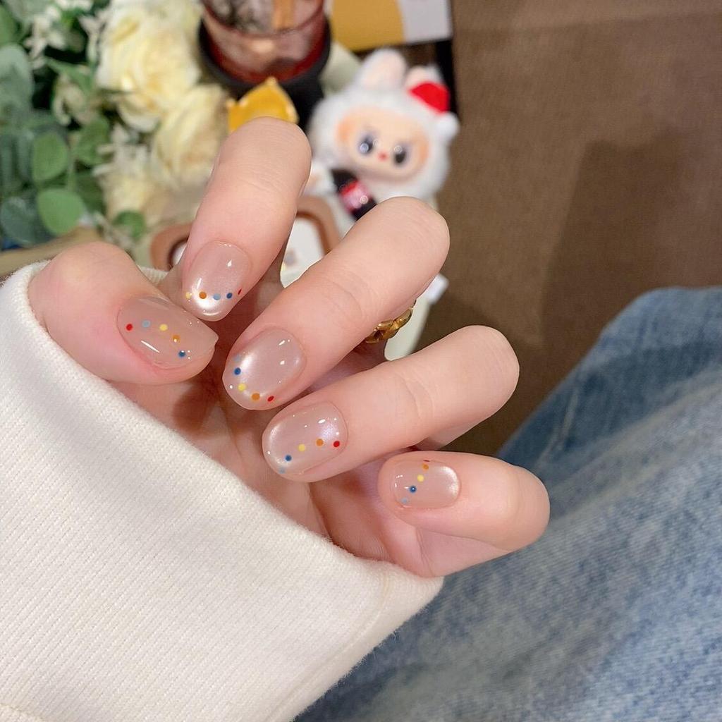 Rainbow Candy Polka Dots Cute Cat's Eye Handmade Nail Gentle White Short Nail Patch Fake Nails