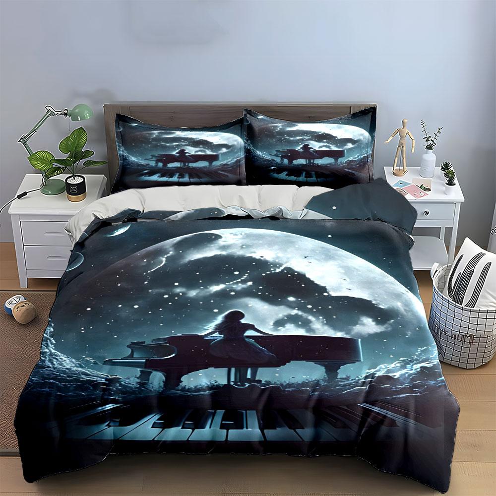 Mond, Sterne, Klavier, Silhouette. Bettwäsche-Sets Bettbezug-Sets Bettbezüge Kissenbezüge(1 * Bettbezug 2 * Kissenbezüge ohne Bettdecke)