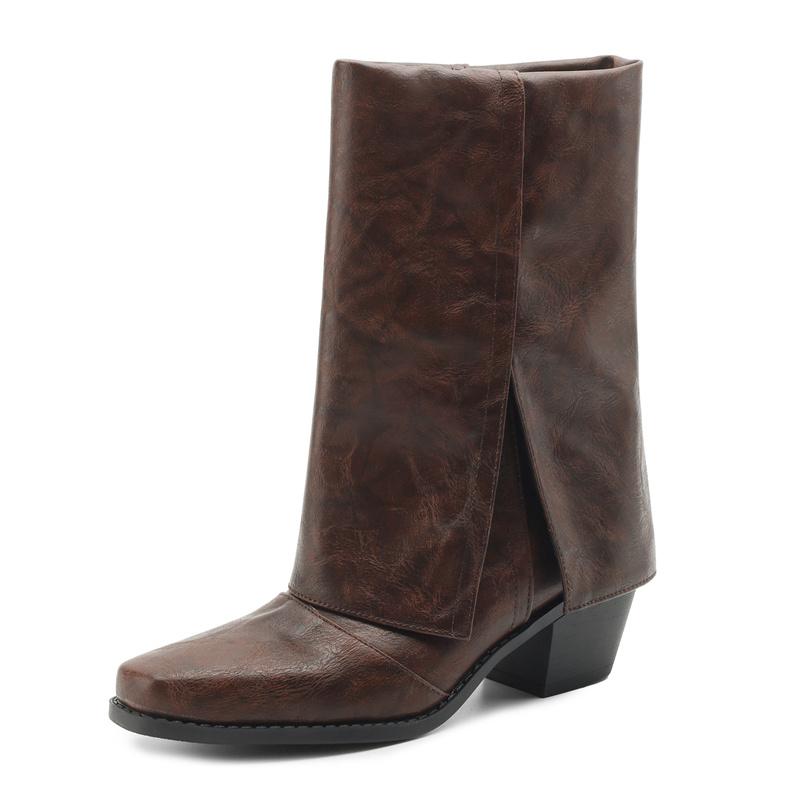 Winter Damen umklappbare Stiefeletten Rot Schwarz Braun Hoher Blockabsatz Quadratische Spitze Lässig Kleid Dame zum Hineinschlüpfen Klappbare Kurze Stiefel