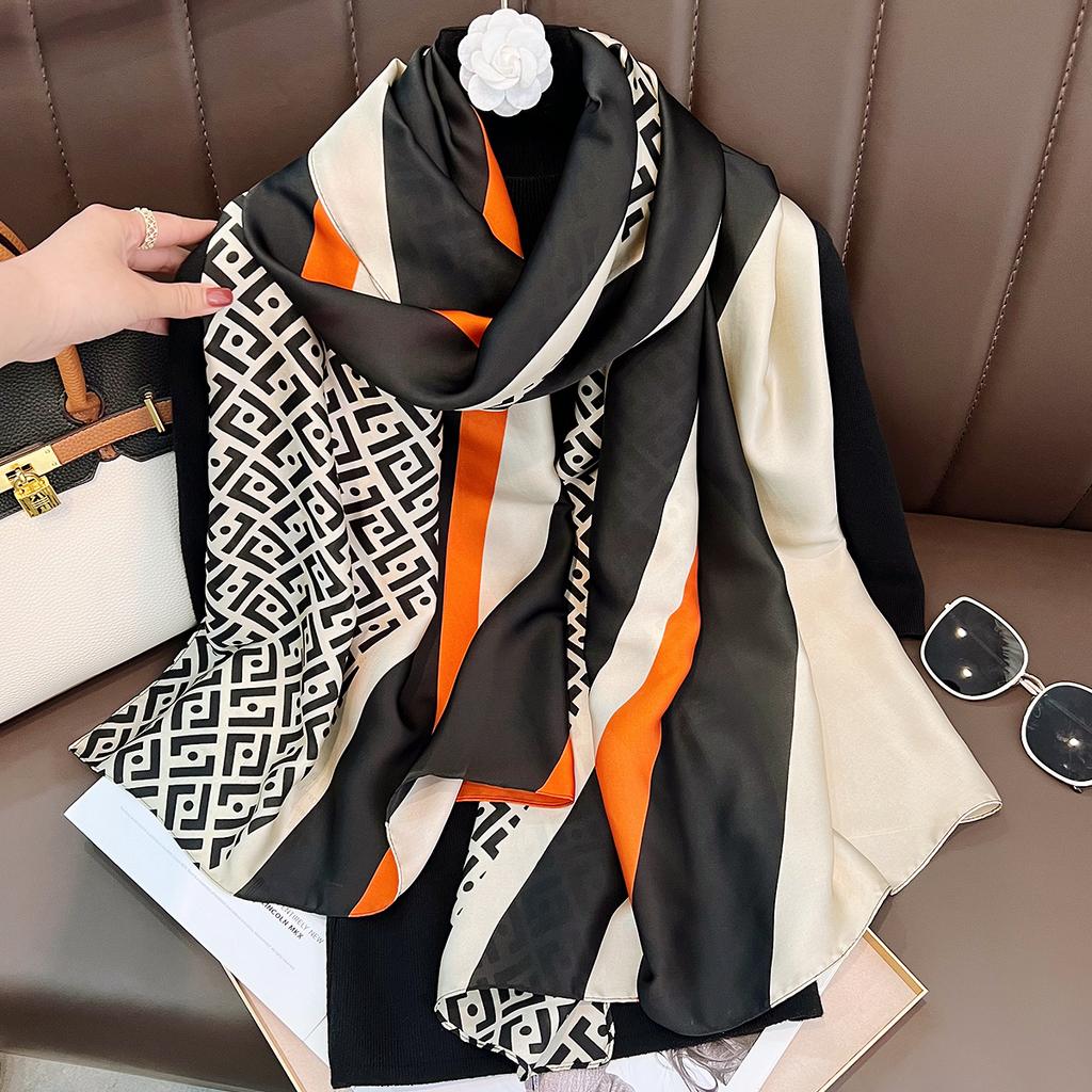Summer New Imitation Silk English Letter Silk Scarf Fashion Printing Scarf Sun Protection Beach Towel