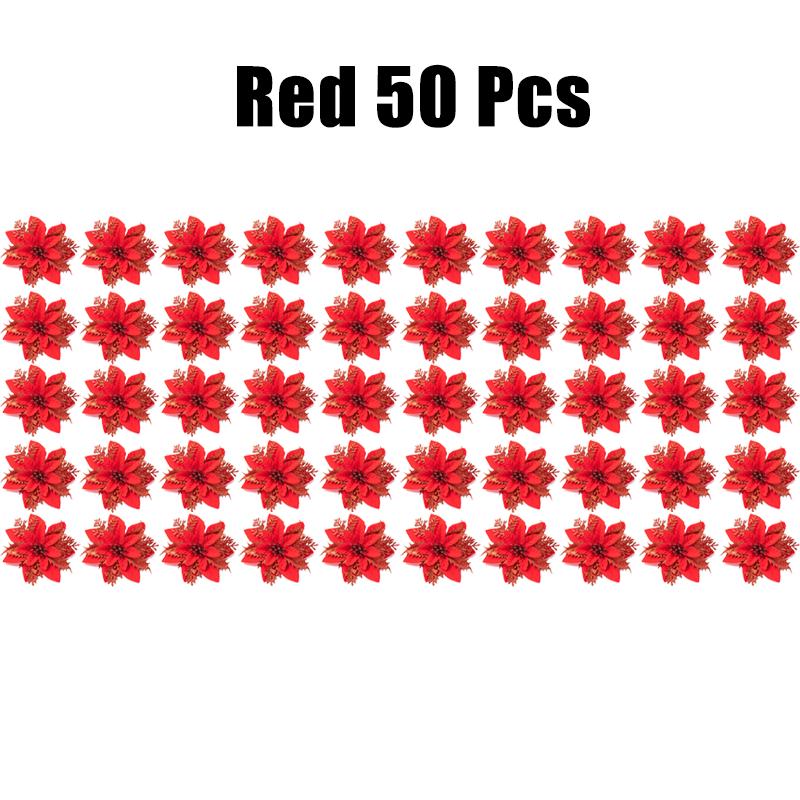 10/30/50PCS Glitter Christmas Flowers Fake Flower Tree Decorations 2026 Home Tree Pendant Ornaments Navidad New Year Gift