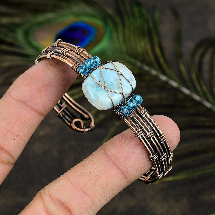 Natural Caribbean Larimar Gemstone Copper Wire Wrap Cuff Bangle Adjustable l9i21