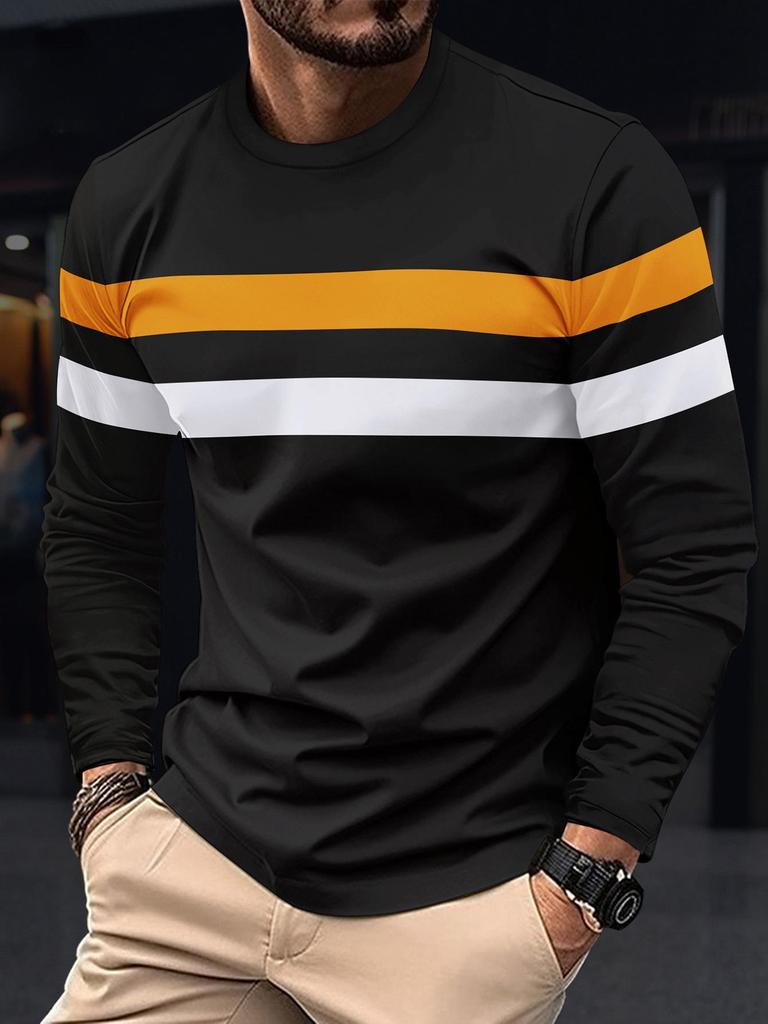Men's Color Block Casual Round Neck Long Sleeve Sports T-shirt
