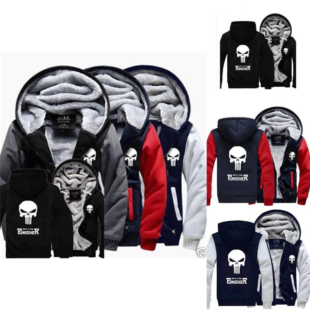 Elegant Punisher Unisex Skull Winter Fleece Jacket Coat With Plush Warm Hoodie