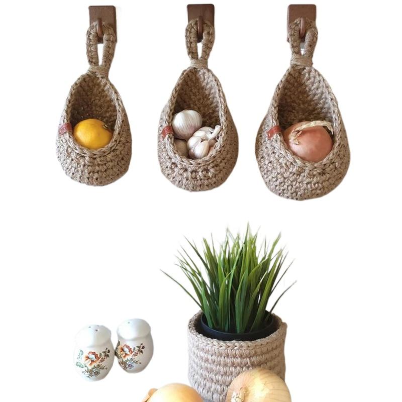 1PC Natural Rope Kitchen Hand Woven Storage Basket Home Wall Hanging Basket Vegetable Storage Baskets Potato Flower Fruit