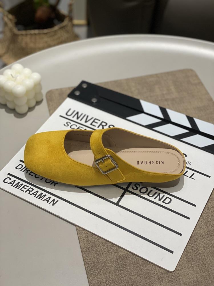 With skirt flat-bottomed half-slippers, children wear 5 spring and summer one-pedal square head shallow mouth belt buckle soft leather ladyshoes