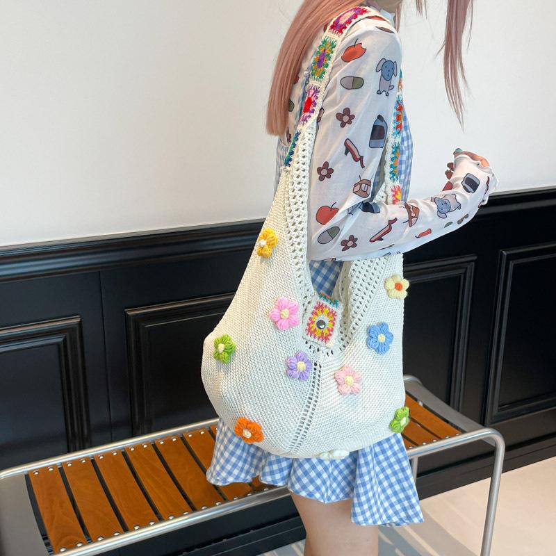 Flower Cotton Thread Woven Bag Women's 2025 New Summer Large-capacity Shoulder Bag Relaxation Vacation Beach Bag