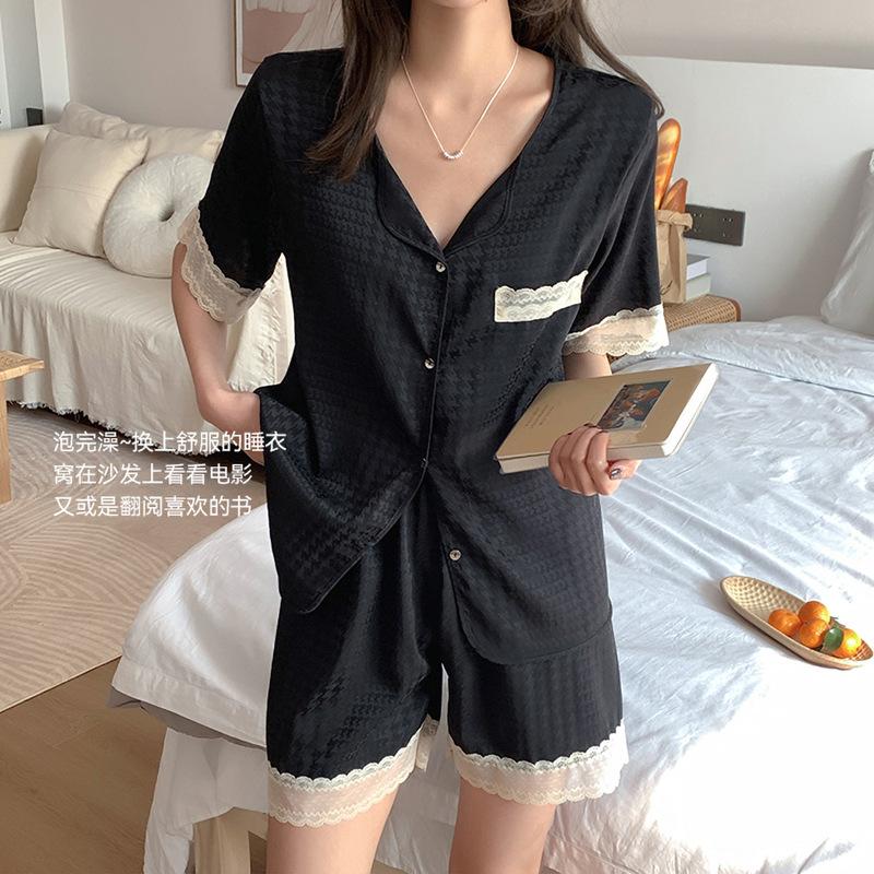 

Пижама из ледяного шелка Qiandongge Женская летняя высококачественная тонкая с коротким рукавом и шортами кружевная домашняя одежда женский костюм 2XL