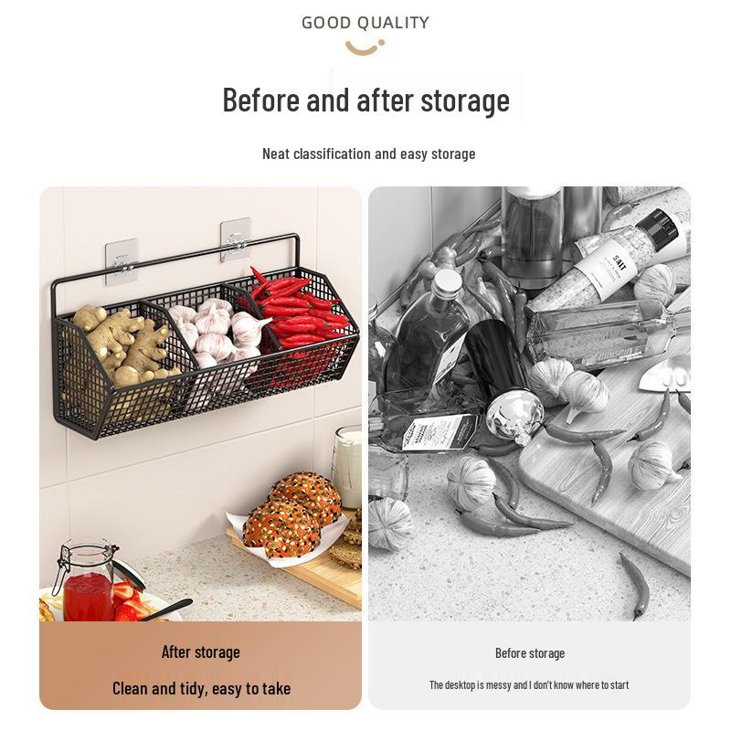 Punch-Free Hanging Basket Kitchen Storage Rack for Ginger & Garlic