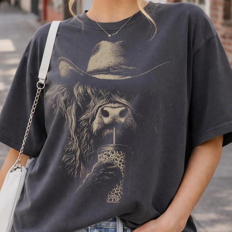 Highland Cow Coffee Shirt Western Cowgirl Graphic Tee Country Coquette Tee S