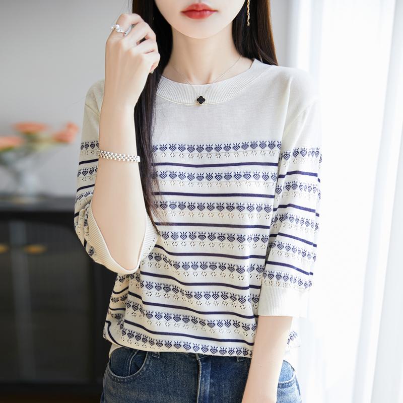 Women Knit T-shirt MODERN NEW SAGA Summer Knitted Shirt Short Sleeve Tees O-neck Patchwork Pullover Knit Tops