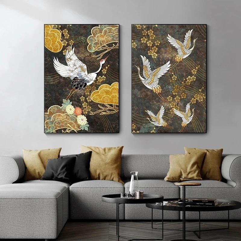 Retro Chinesischer Stil Leinwandmalerei Goldener Fliegender Kran Abstrakte Sonne Tier Vogel Poster Drucke Wandkunst Bild für Wohnzimmer