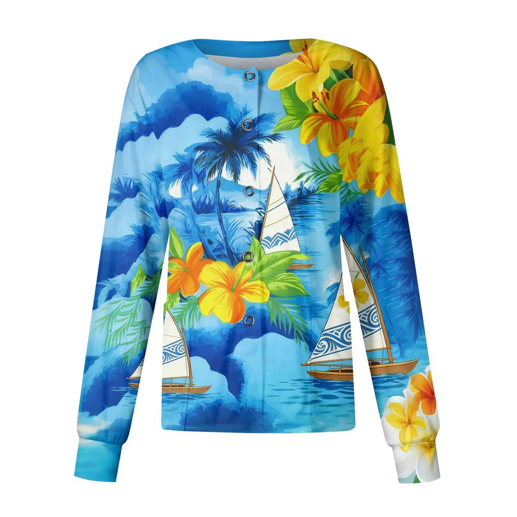 Women's Casual Long Sleeve Single Breasted Hawaiian Print Caregiver Jacket Cardigan Top Lightweight Button Up Shirt for Work