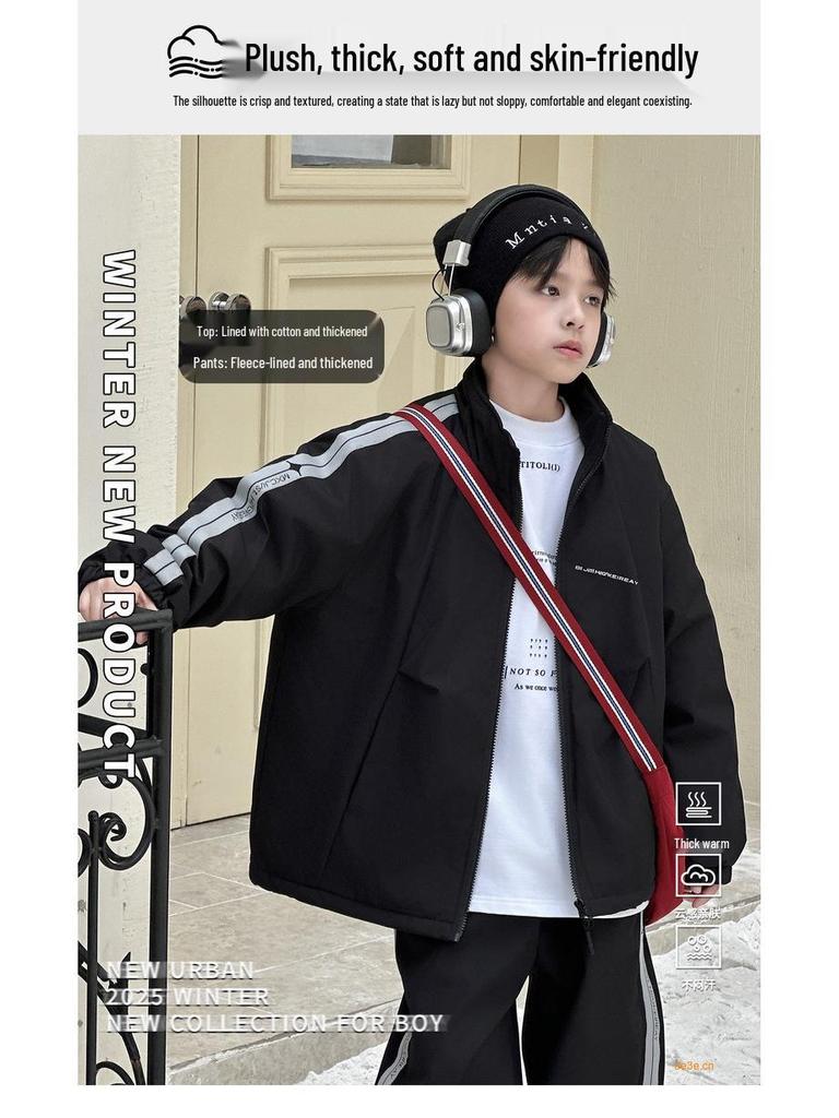 2025 Autumn/Winter Boys' Trendy Fleece Two-Piece Sports Set