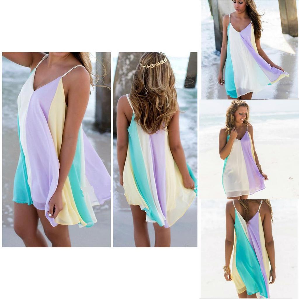 Premium Quality Women Summer Casual Dress Colorful Mini Chiffon Spaghetti Strap