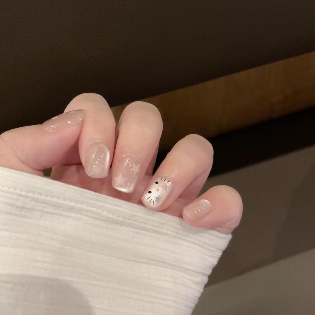 Blush French Cat Eye Princess Bow Nails - Handmade Wearable Nail Art