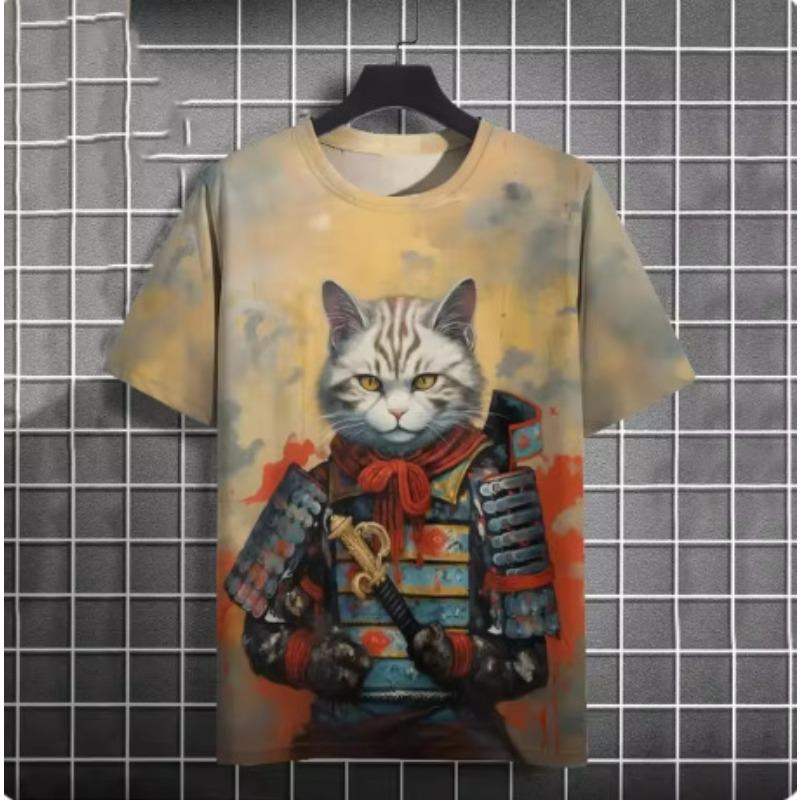 Fashionable Casual Cool Warrior Cat Pattern T-shirt Summer Men Fun Hip-hop Harajuku Street Animal Print Casual Short Sleeved T-shirt