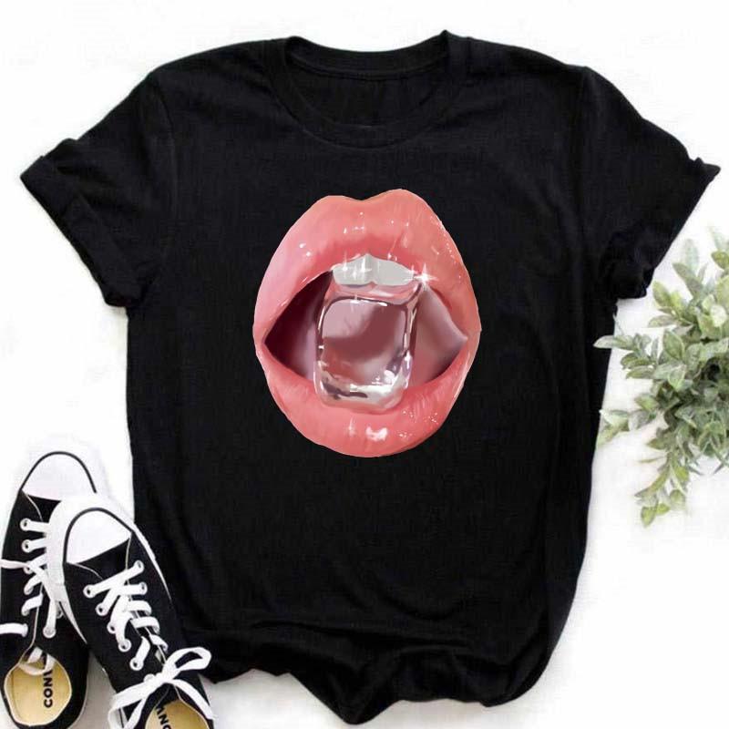 Spring Summer Plus Color Lips Loose Casual Fashion Simple Round Neck Pure Cotton Short Sleeved Top T-Shirts Women’s
