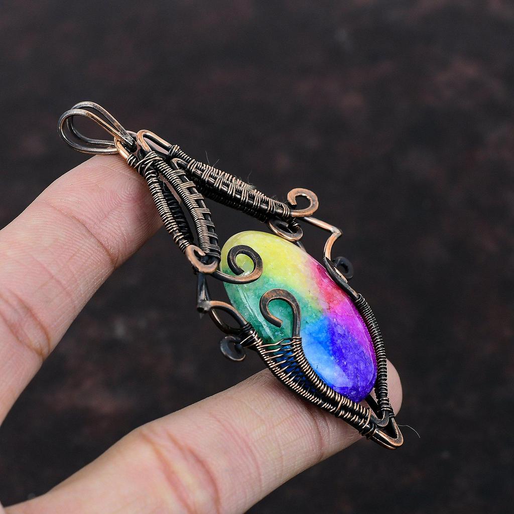 Rainbow Solar Quartz Druzy Pendant Copper Wire Wrapped Pendant Handmade Pendant Copper Jewelry Elegant Pendant Gift For Him Gemstone Jewelry