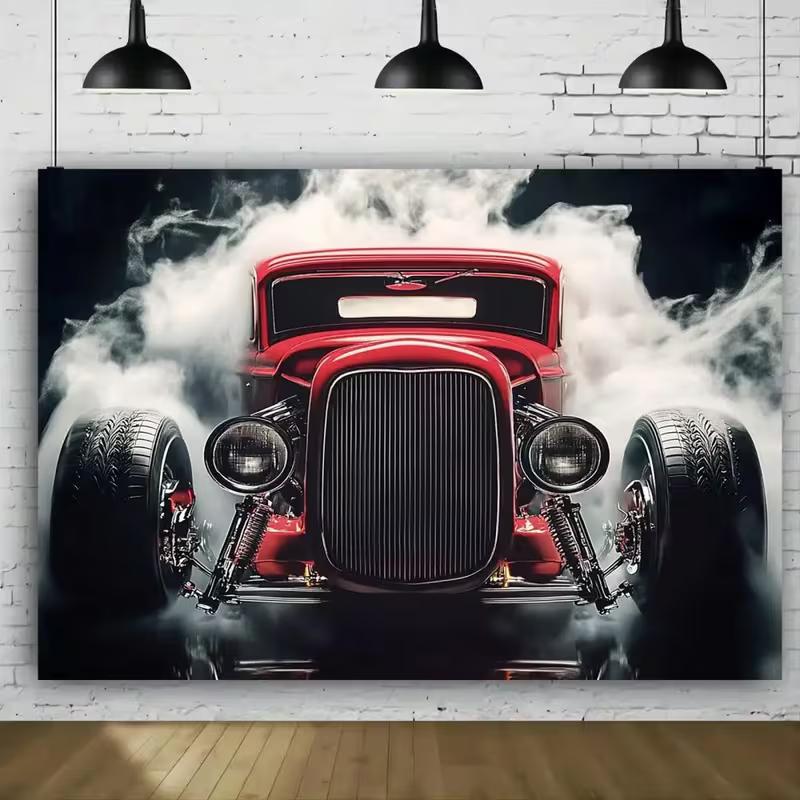 

2D Red Classic Hot Rod Tapestry Vintage Car with Smoke Wall Hanging 47.2x31.5inch/120*80cm