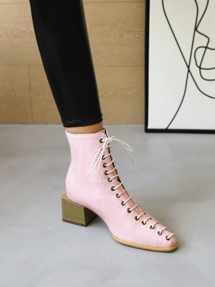 European and American Style Small Square Head Front Lace-up Chinese and  Short Women's Boots