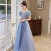 One-word shoulder blue evening dress skirt 1011 new banquet temperament light luxury niche host adult ceremony birthday dress
